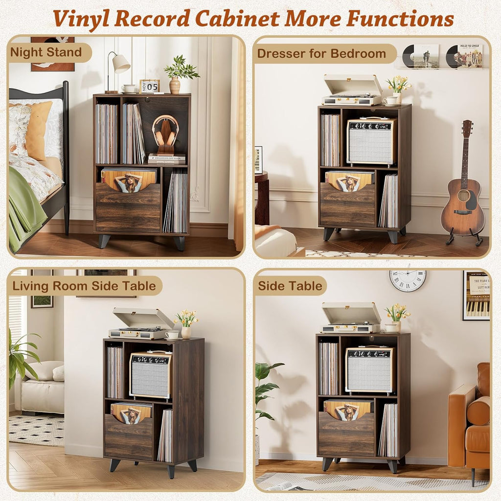 Bikoney Mid-century Modern Record Player Stand with Vinyl Storage Drawer – Wooden Turntable Side Table for All Record Players and Speakers, Large LP Storage Cabinet for Living Room, Bedroom, or Office