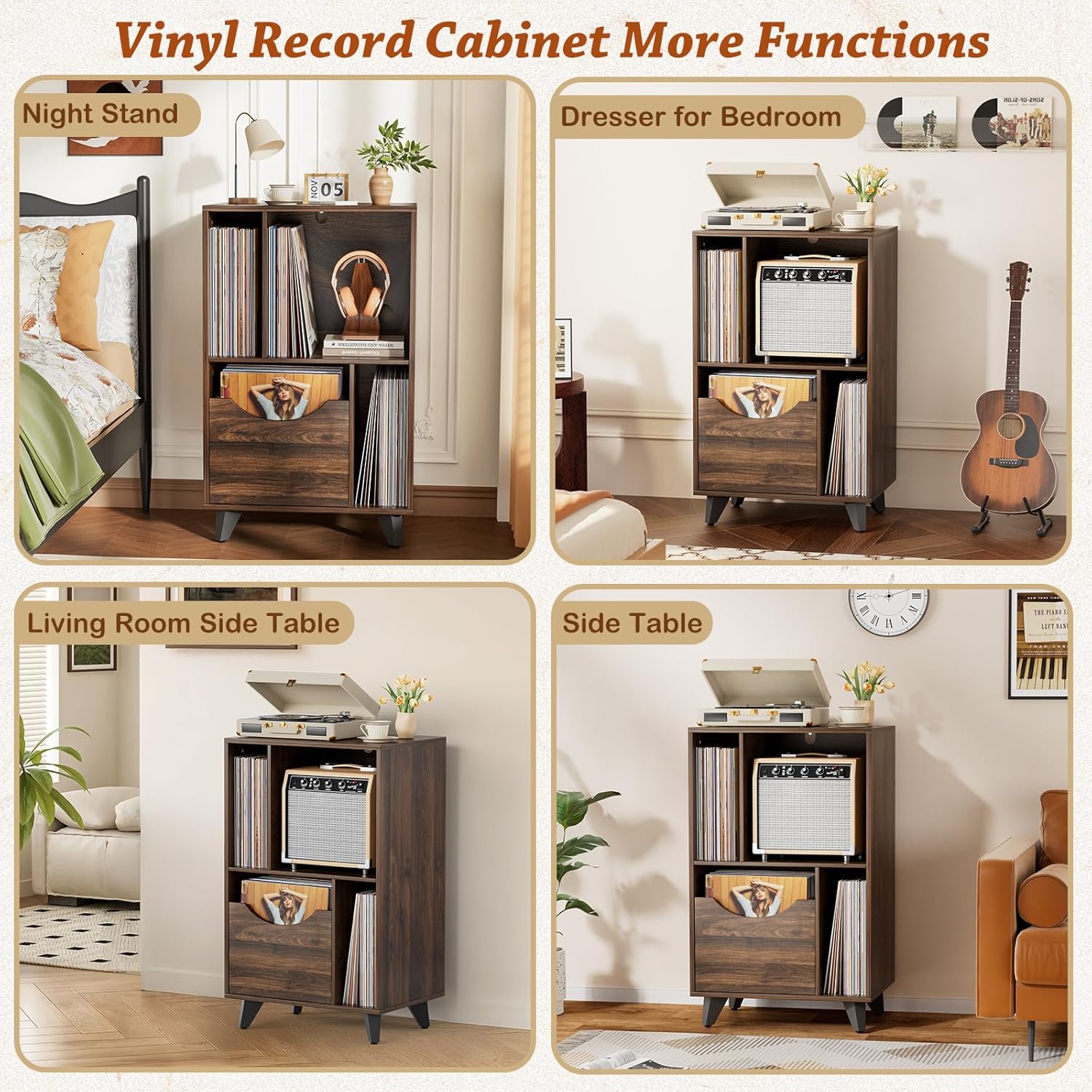 Bikoney Mid-century Modern Record Player Stand with Vinyl Storage Drawer – Wooden Turntable Side Table for All Record Players and Speakers, Large LP Storage Cabinet for Living Room, Bedroom, or Office