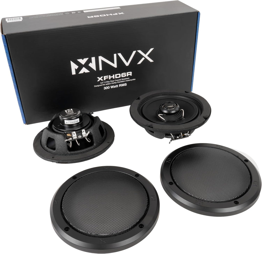 NVX® XFHD6R Premium 6.5' Motorcycle Speakers, 600W Peak (300W RMS), 2-Ohm Rear Tour-Pak Coaxials with 1' Titanium Tweeters, Waterproof, Plug-and-Play Upgrade for Harley-Davidson Touring 2014 Up (Pair)