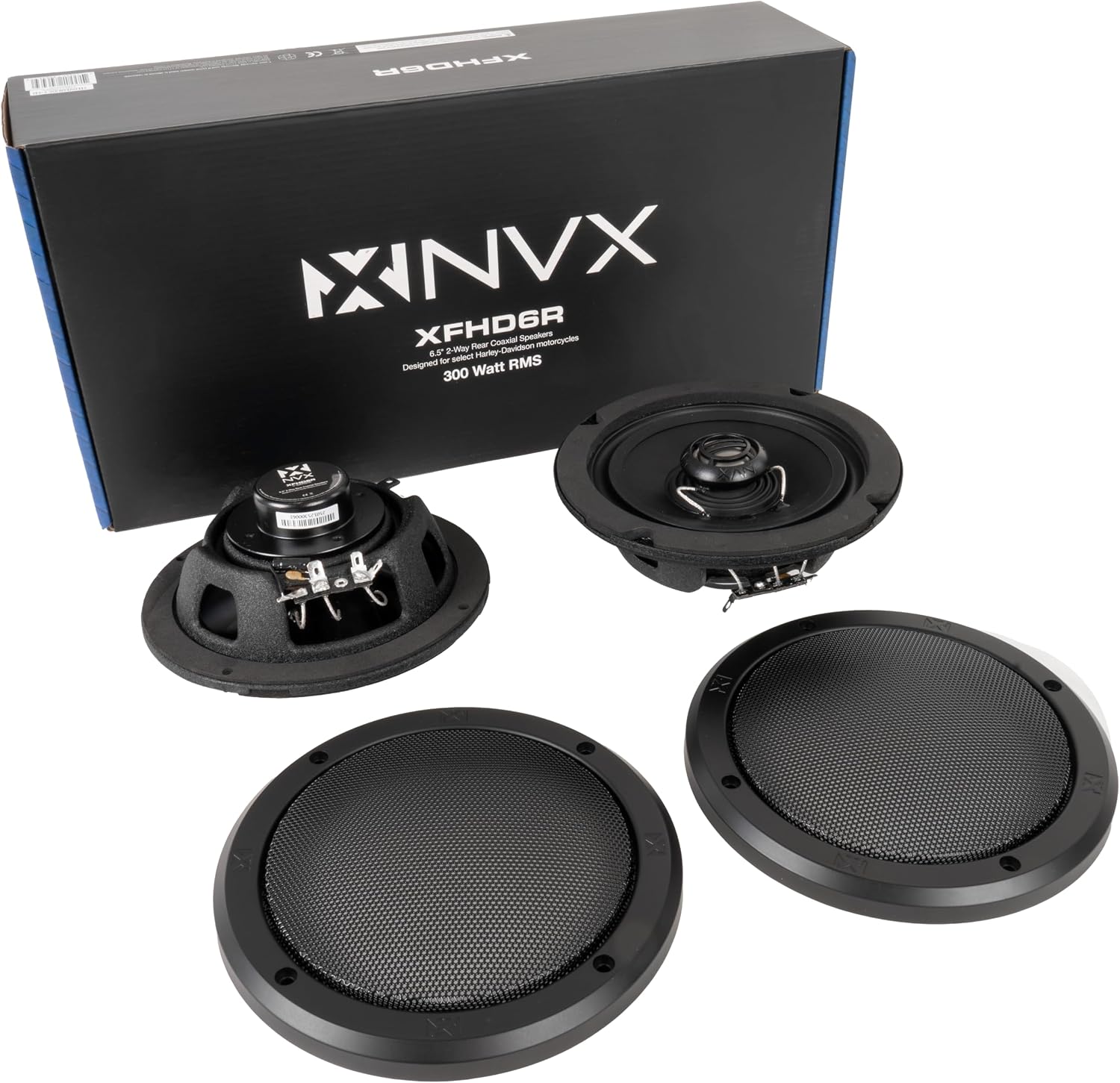 NVX® XFHD6R Premium 6.5' Motorcycle Speakers, 600W Peak (300W RMS), 2-Ohm Rear Tour-Pak Coaxials with 1' Titanium Tweeters, Waterproof, Plug-and-Play Upgrade for Harley-Davidson Touring 2014 Up (Pair)