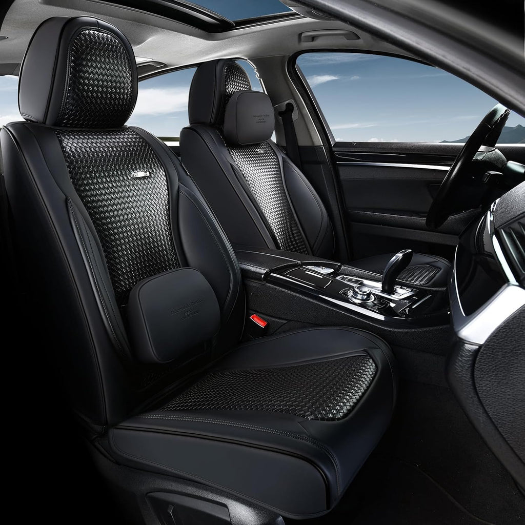 Coverado Car Seat Covers Full Set, Black Seat Covers for Cars, Waterproof Nappa Leather Automotive Seat Covers with Lumbar Head Pillow, Car Seat Protectors, Universal Fit for Most Cars SUV