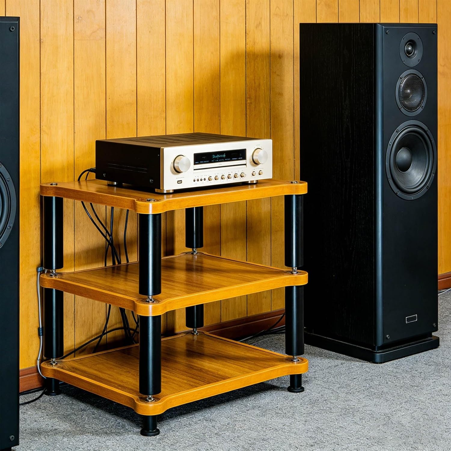 High Load-Bearing Three-Layer Amplifier Rack Wood Grain Panel Black Vibration Damping Pillars Stable Audio Equipment Shelf Multi-Device Compatible(60 * 48 * 50.5cm)