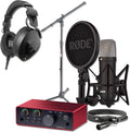 Rode NT1 Signature Black Condenser Mic Bundle with MS7701B Stand, NTH-100 Headphones, and Scarlett Solo 4G — 4 dBA Self-Noise XLR Studio Mic for Singing, Vocal Recording, Voice Over, Music Production