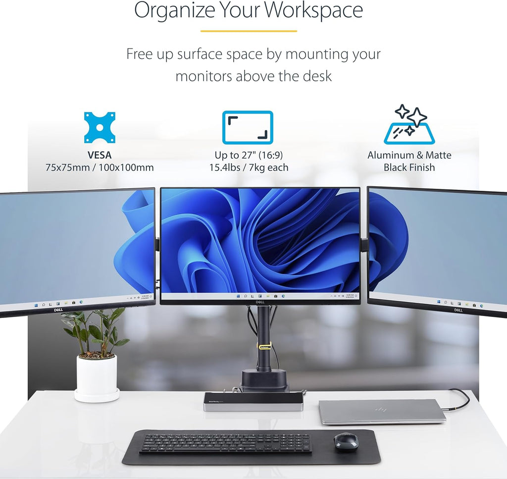 StarTech.com Desk Mount Triple Monitor Arm for Up to Three 27in Screens, VESA 75x75/100x100, Mechanical Spring Arm