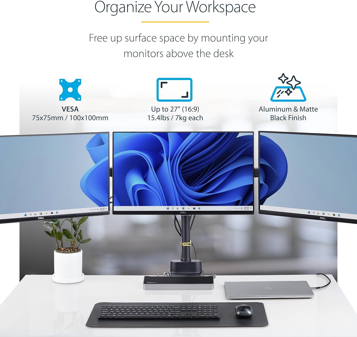 StarTech.com Desk Mount Triple Monitor Arm for Up to Three 27in Screens, VESA 75x75/100x100, Mechanical Spring Arm