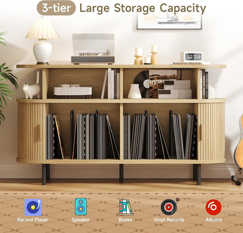 55' Large Round Record Player Stand with Charging Station, Vinyl Record Storage Cabinet, Mid Century Modern Turntable Stand with Open Shelves Holder for Bedroom Living Room, Sliding Doors (Oak)