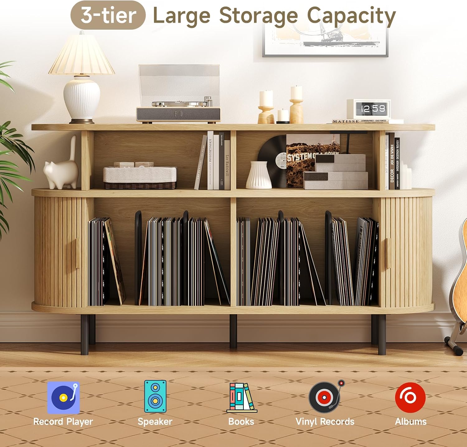 55' Large Round Record Player Stand with Charging Station, Vinyl Record Storage Cabinet, Mid Century Modern Turntable Stand with Open Shelves Holder for Bedroom Living Room, Sliding Doors (Oak)