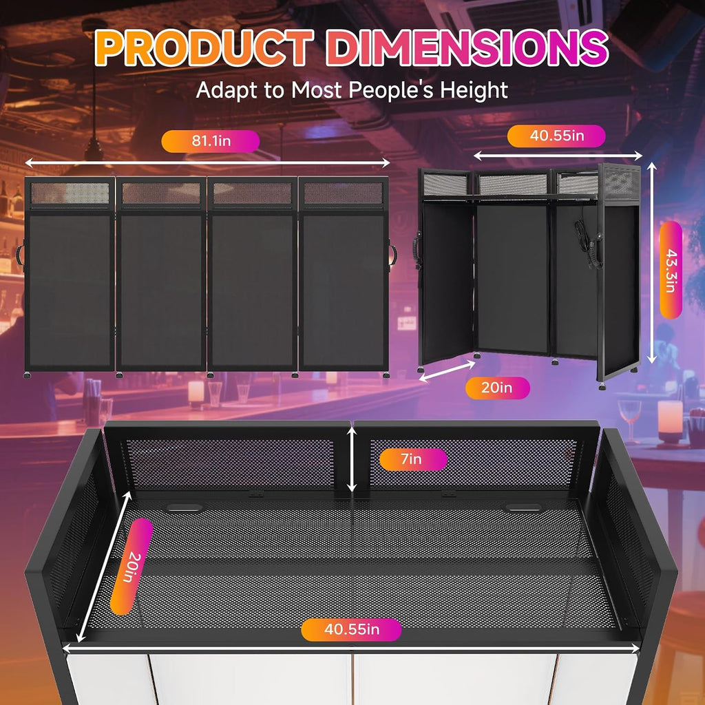 VallisCo DJ Facade Booth Table 40' x 20' - Portable Detachable DJ Booth Table Station with Computer Bracket Surface & Cable Hole, Foldable DJ Table Includes Black/White Scrims & Carry Bag for Party