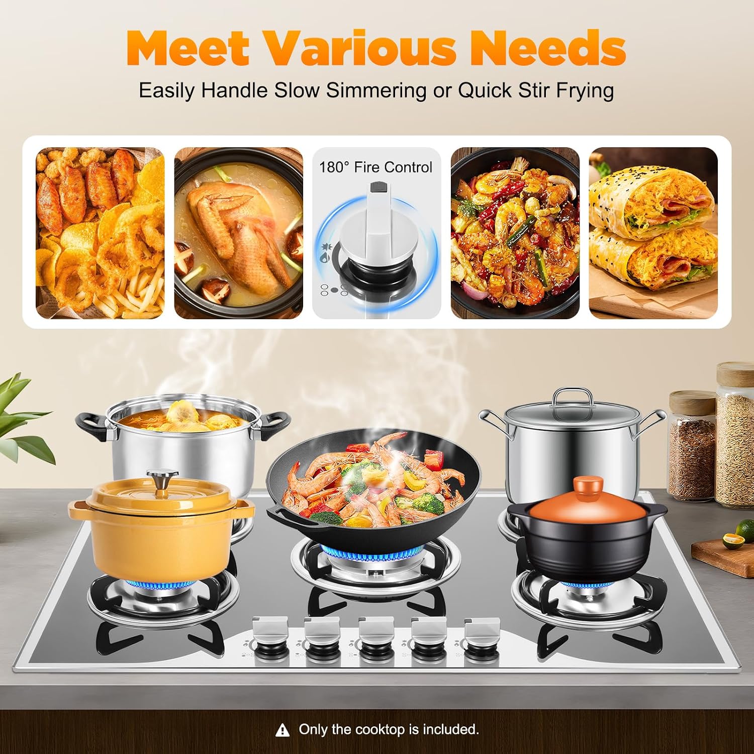 30Inch Gas Cooktop, 5 Burner Gas Stove, NG/LPG Dual Fuel Cooktops Gas Cooker, Built-In Stove Top Stainless Steel with Tempered Glass Panel, Independent Switch Control, for Home Kitchen, Restaurant