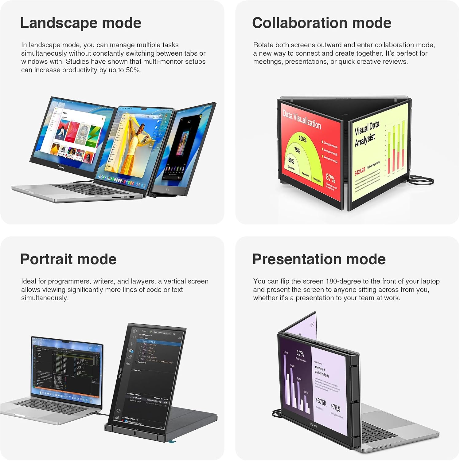 Trio 3 Pro 14.1' Mobile Pixels Portable Laptop Monitor(2026 Version), 1400p QHD Triple Monitor with Built-in Kickstand, One USB-C Cable Setup Laptop Screen Extender(Optional Magnets), Windows/macOS