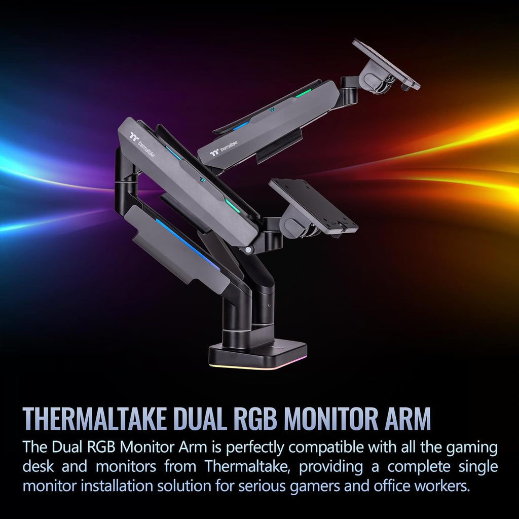 Thermaltake Dual Heavy Duty RGB Monitor Arm for up to 2 x 35 inchs and 2 x 44 lbs Screen, 100 x 100 mm VESA Compatible, Wide Rage Movements, GEA-MSR-DMSBLK-01