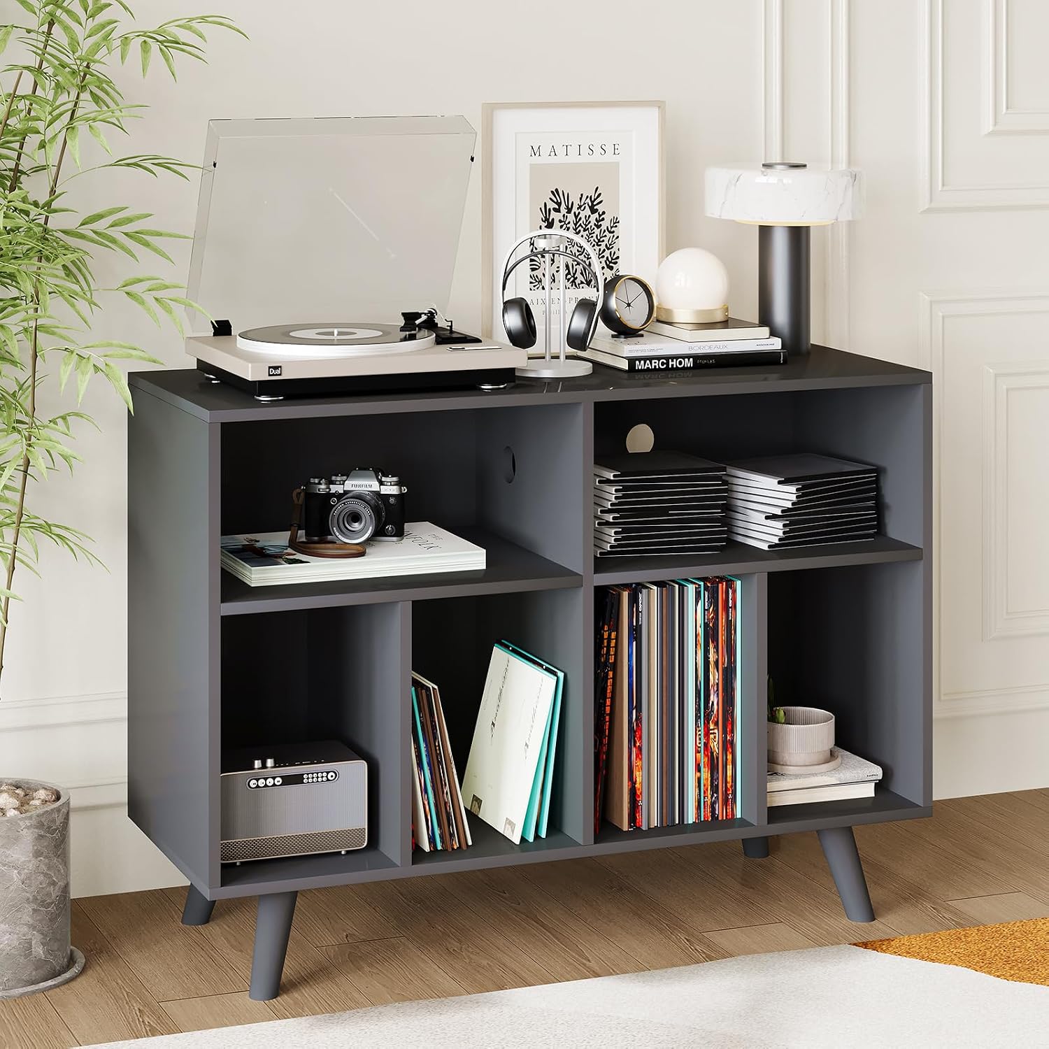 IDEALHOUSE Record Player Stand with Vinyl Storage, 39.5in Large Vinyl Record Holder Player Cabinet Wood Turntable Stand Up to 350 Albums with Charging Station for Living Room, Black