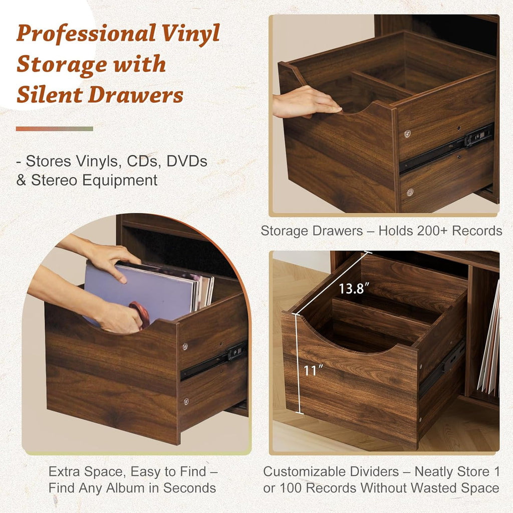 Bikoney Mid-century Modern Record Player Stand with Vinyl Storage Drawer – Wooden Turntable Side Table for All Record Players and Speakers, Large LP Storage Cabinet for Living Room, Bedroom, or Office