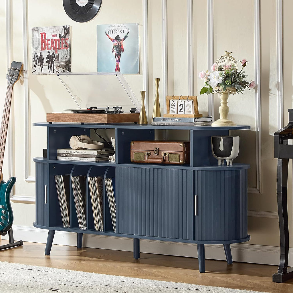 LELELINKY Large Round Record Player Stand with Charging Station & Fluted Panel, Blue Mid Century Modern Turntable Cabinet with Vinyl Storage, Arched Wood Record Player Table for Living Room
