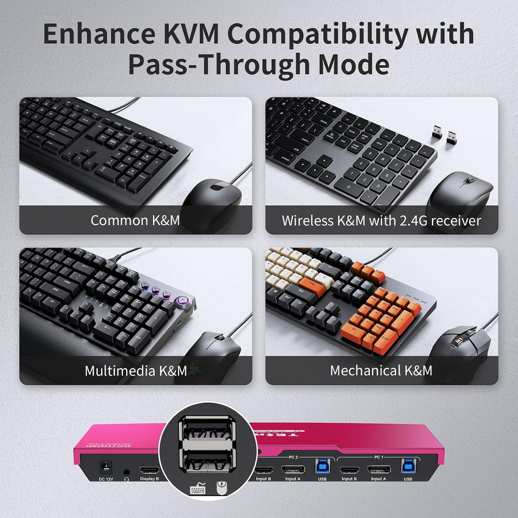TESmart USB 3.0 DisplayPort + HDMI KVM Switch 2 Monitors 2 Computers 4K@60Hz, Dual Monitor KVM Switch 2 Port Extended Display, EDID Emulators, Headset, Hotkey Switch, Button Switch with All Cables