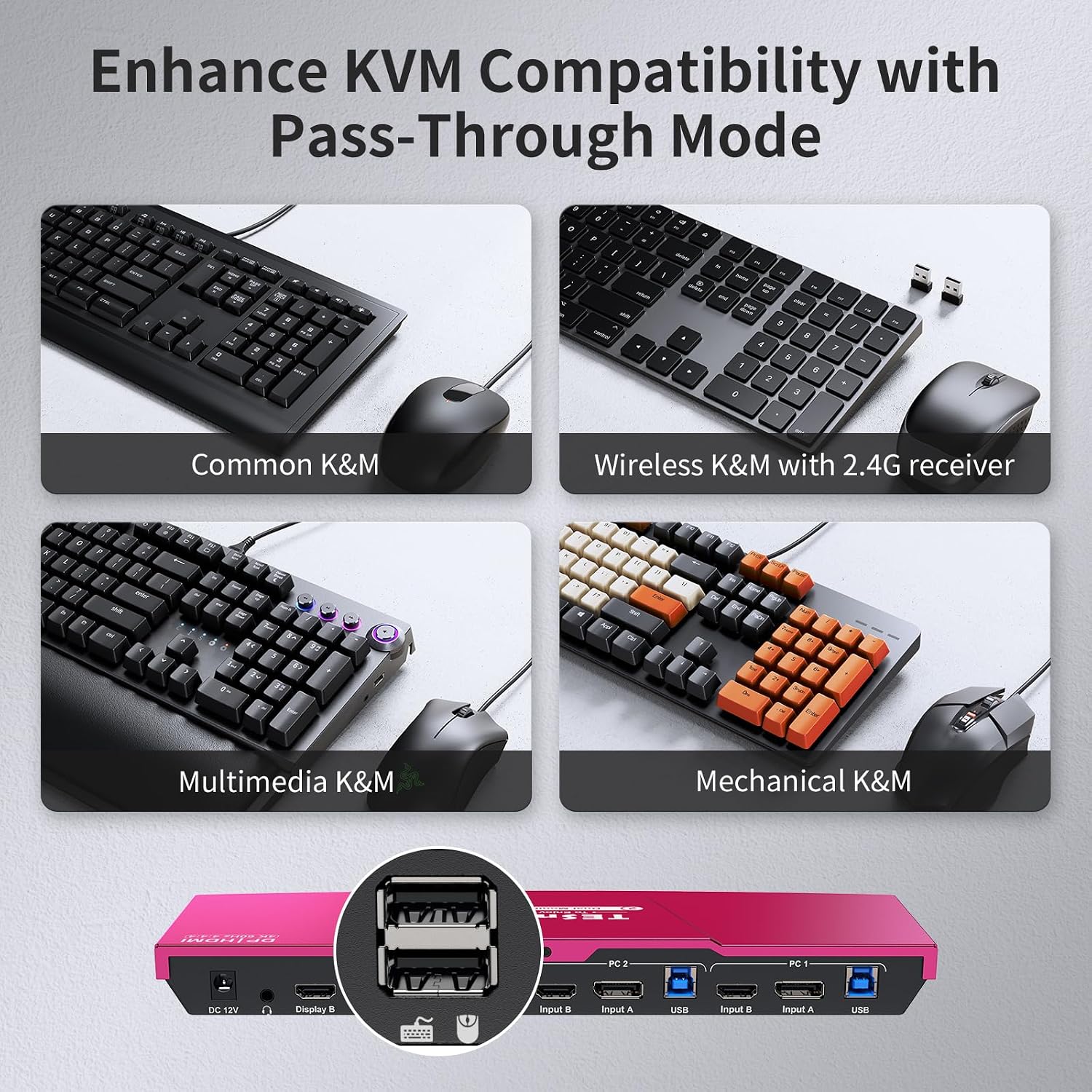 TESmart USB 3.0 DisplayPort + HDMI KVM Switch 2 Monitors 2 Computers 4K@60Hz, Dual Monitor KVM Switch 2 Port Extended Display, EDID Emulators, Headset, Hotkey Switch, Button Switch with All Cables