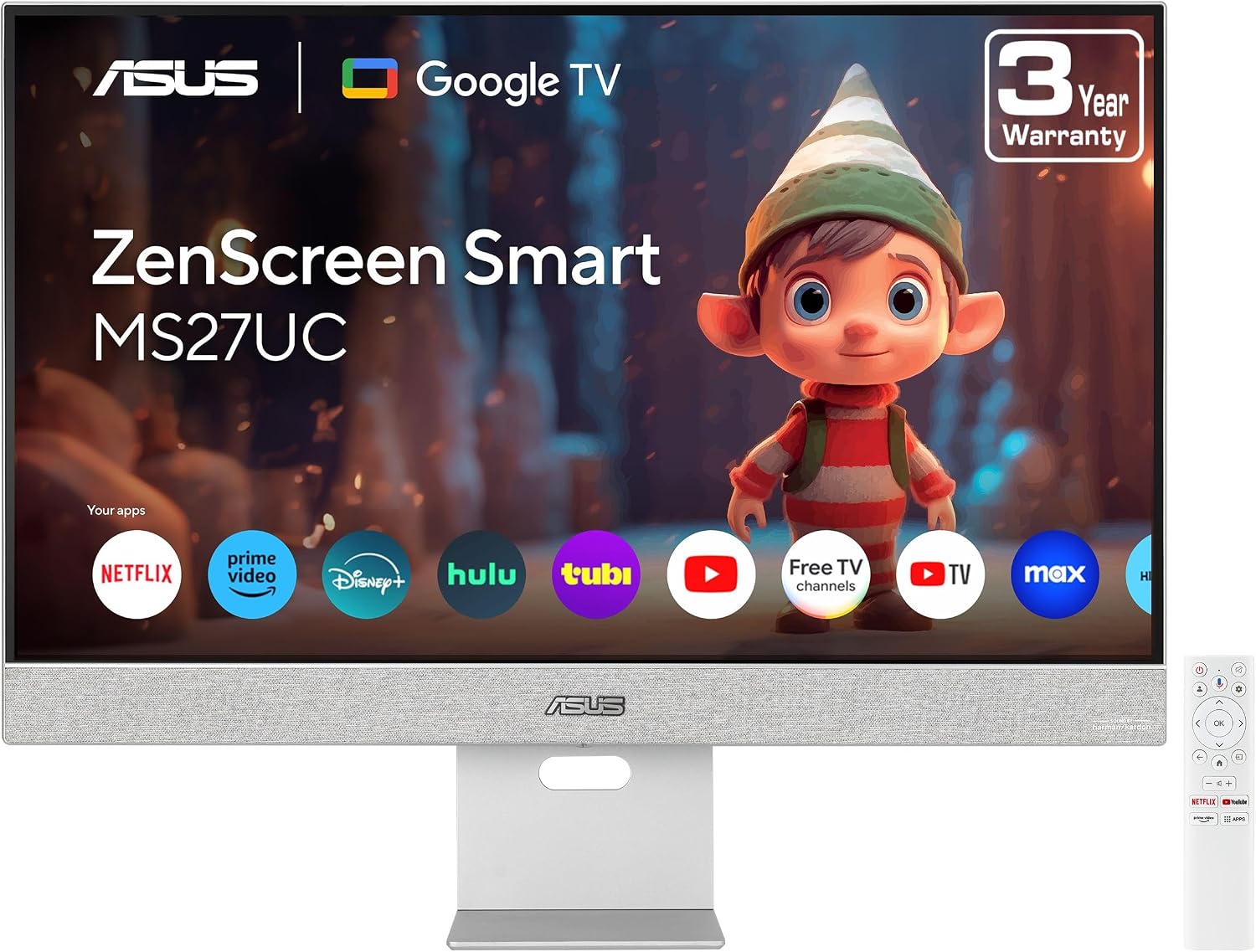 ASUS ZenScreen 27' 4K USB-C Smart Monitor (MS27UC) - UHD (3840 x 2160) IPS, 99% sRGB, GoogleTV, Harman Kardon Speakers, USB-C 90W PD, USB Hub, Wireless Display, Netflix and YouTube, 3 yr Warranty