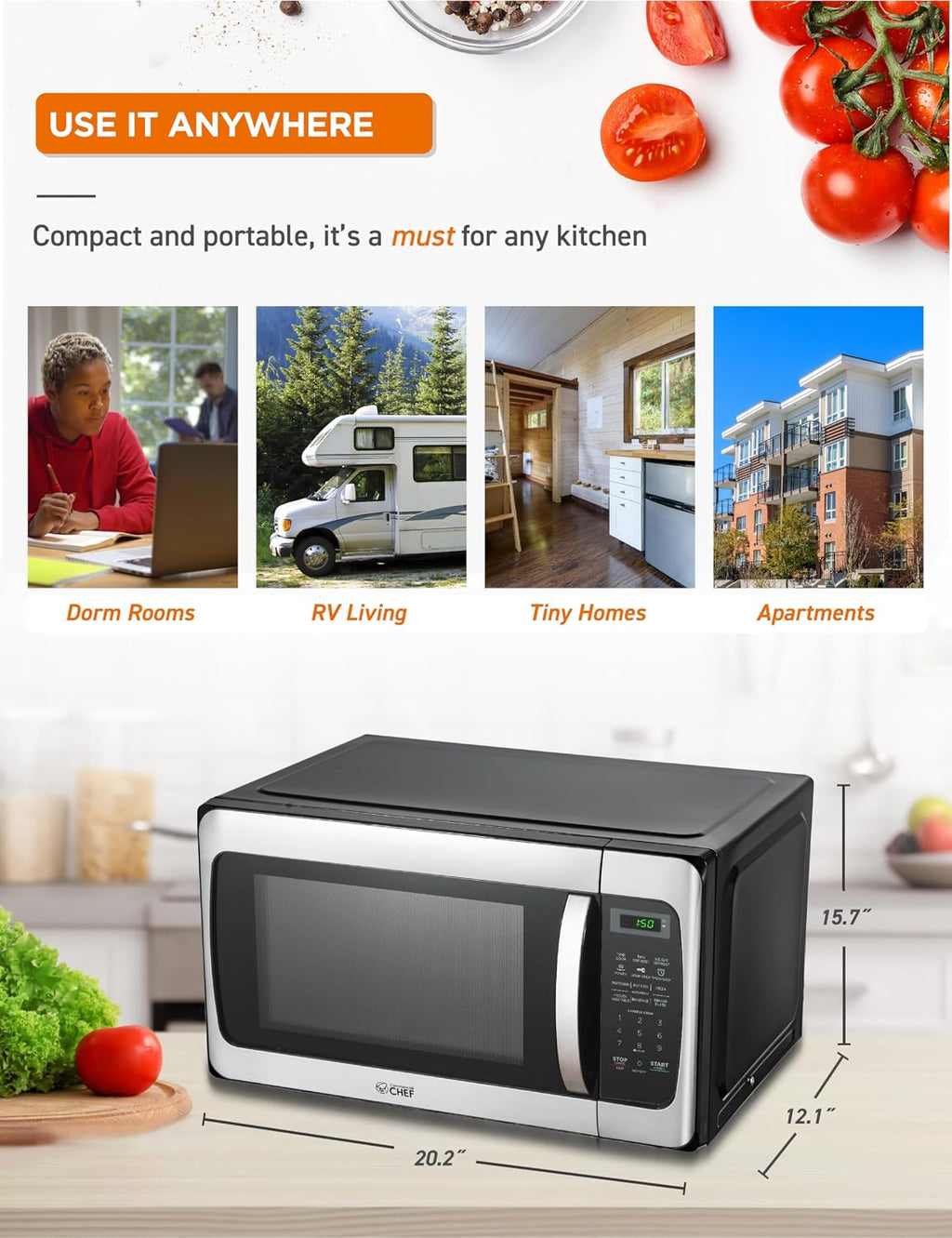 COMMERCIAL CHEF 1.1 Cu Ft Microwave with 10 Power Levels, Microwave 1000W with Push Button Door Lock, Countertop Microwave with Turntable and Digital Controls, Stainless Steel