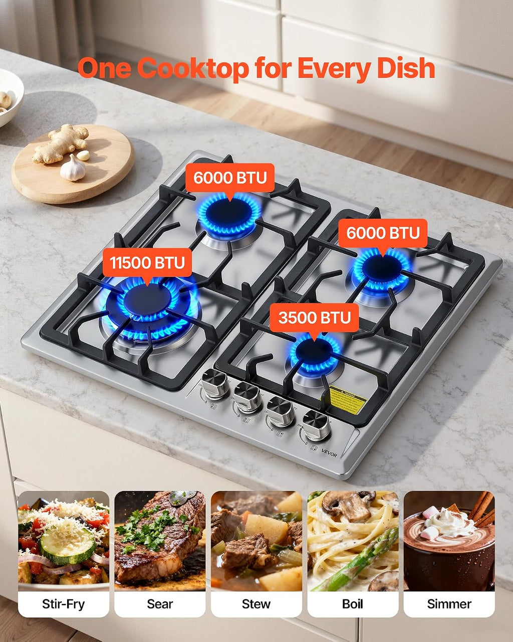 VEVOR 24 inch Gas Cooktop 4 Burners Gas Stove Top, Max 27000BTU Built-in Stainless Steel Stove Top LPG/NG Convertible Dual Fuel Cooktop Stoves with Thermocouple Protection for Kitchen Apartment Rvs