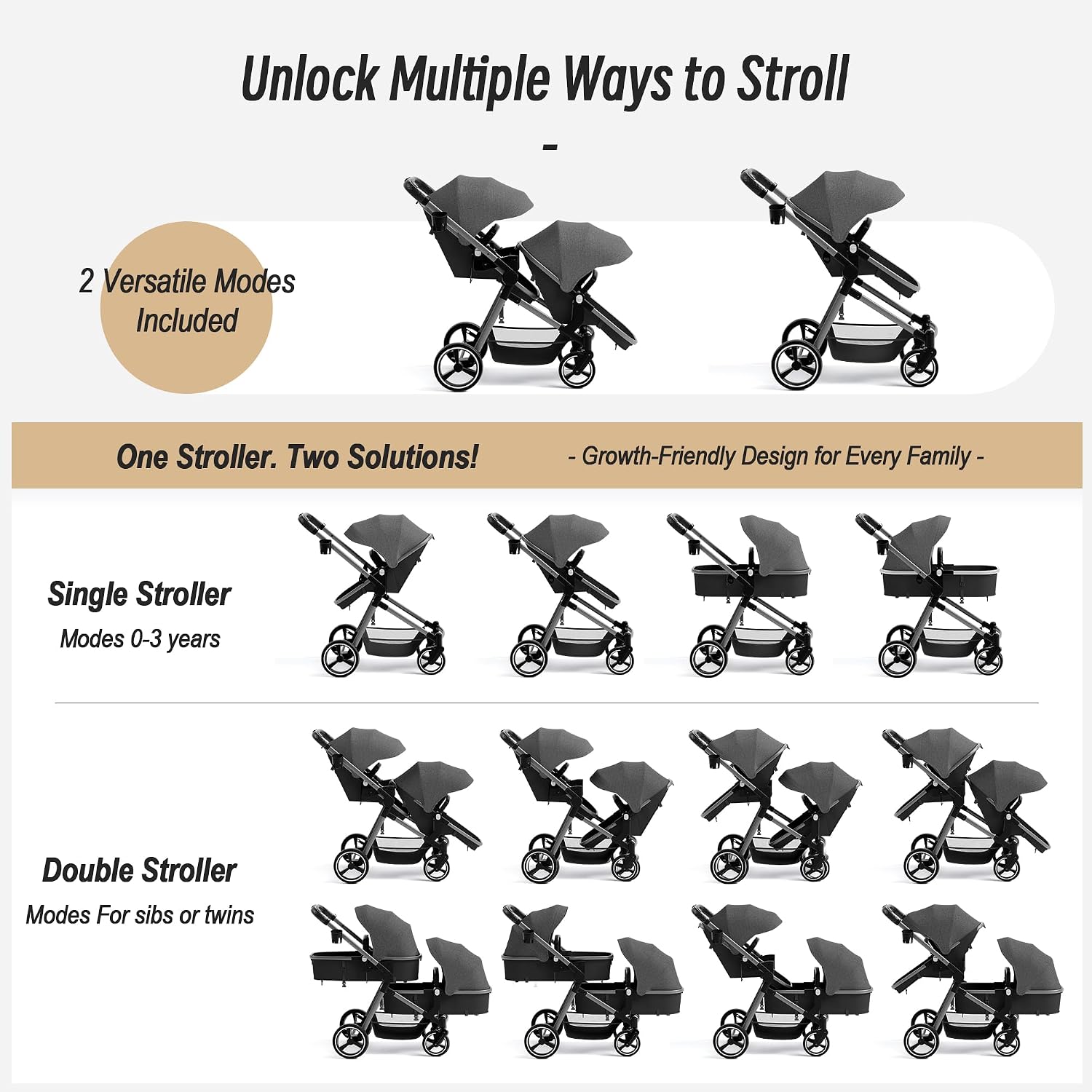 Double Stroller for Twins and Toddlers, Lightweight Aluminum Foldable Twin Stroller with Adjustable Backrest, Reversible Seat, 5-Point Harness, Storage Basket, Grey