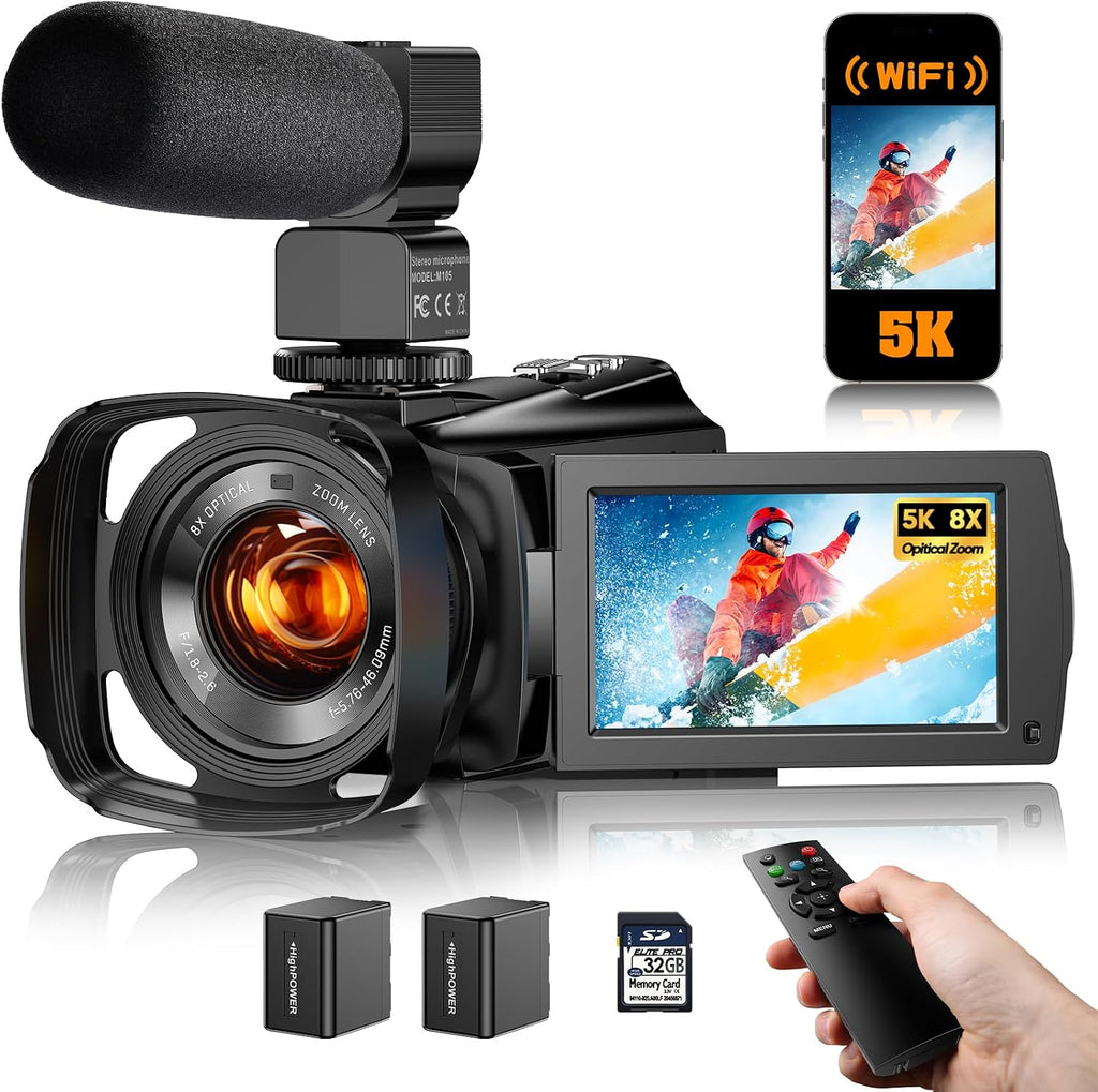 5K Video Camera Camcorder 8X Opitical Zoom Live Streaming Cameras 64MP WiFi Autofocus Vlogging Camera for Youtube with Full-color Night Vision, 3.6'' 270° IPS Touchscreen 32GB Card Video Recorder