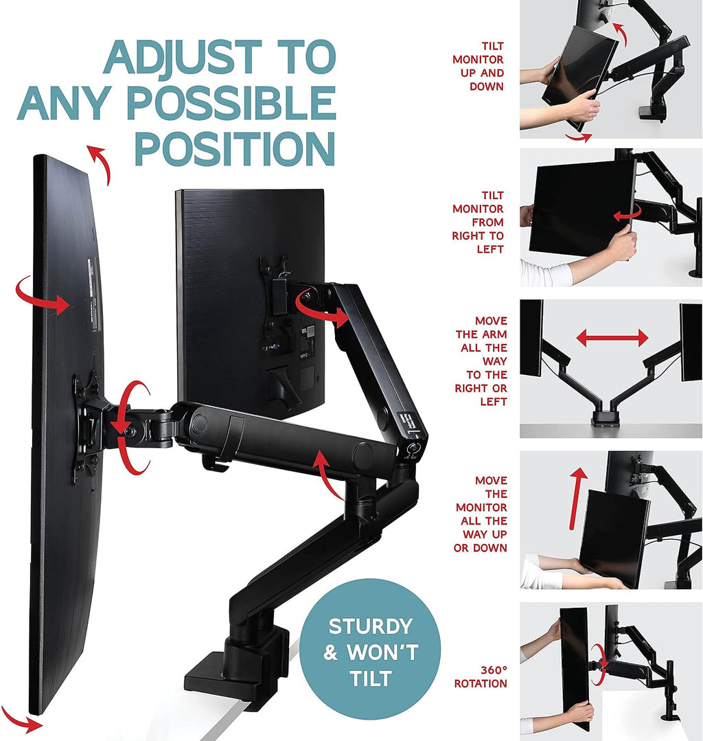 Dual Monitor Arm Stand for 35 Inch Screens - Full Adjustable VESA Mount for 2 Monitors, Heavy Duty Dual Monitor Desk Mount Compatible with C Clamp, Grommet Mounting Base, Holds 26.4lbs per Arm, Black