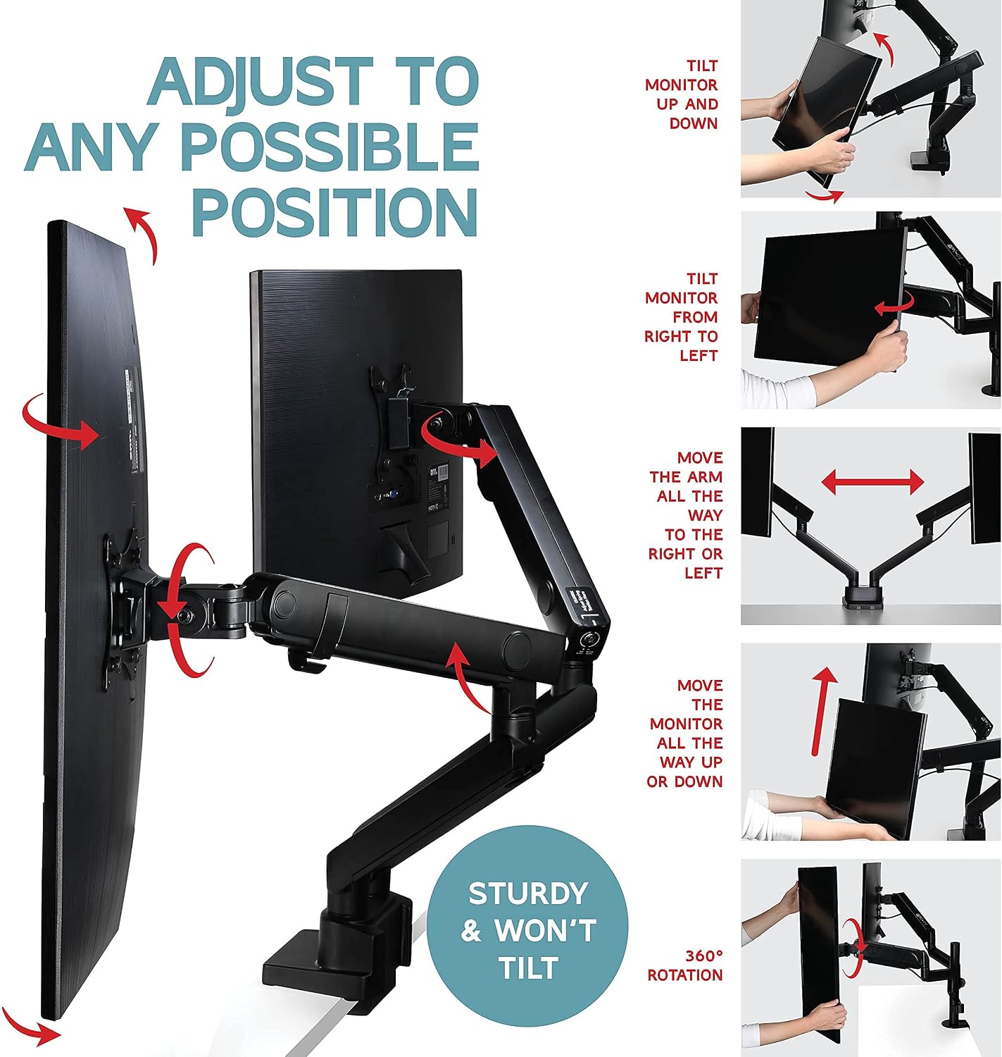 Dual Monitor Arm Stand for 35 Inch Screens - Full Adjustable VESA Mount for 2 Monitors, Heavy Duty Dual Monitor Desk Mount Compatible with C Clamp, Grommet Mounting Base, Holds 26.4lbs per Arm, Black