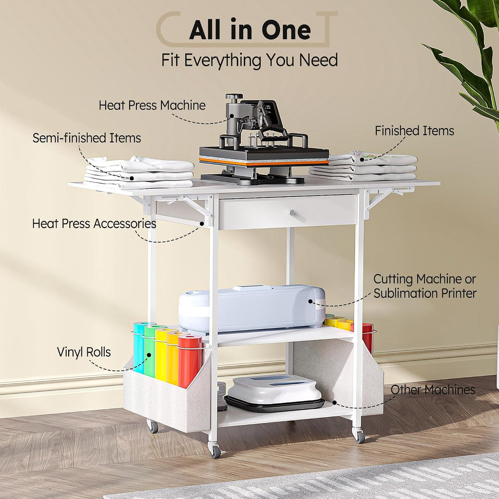 𝐂𝐫𝐚𝐟𝐢𝐭 Foldable Heat Press Table—Hold 36 Vinyl Rolls, Movable Heat Press Stand Cart with Storage Bag, Collapsible Heavy Duty Workbench for Sublimation, T-Shirts and Caps Heat Transfer Project