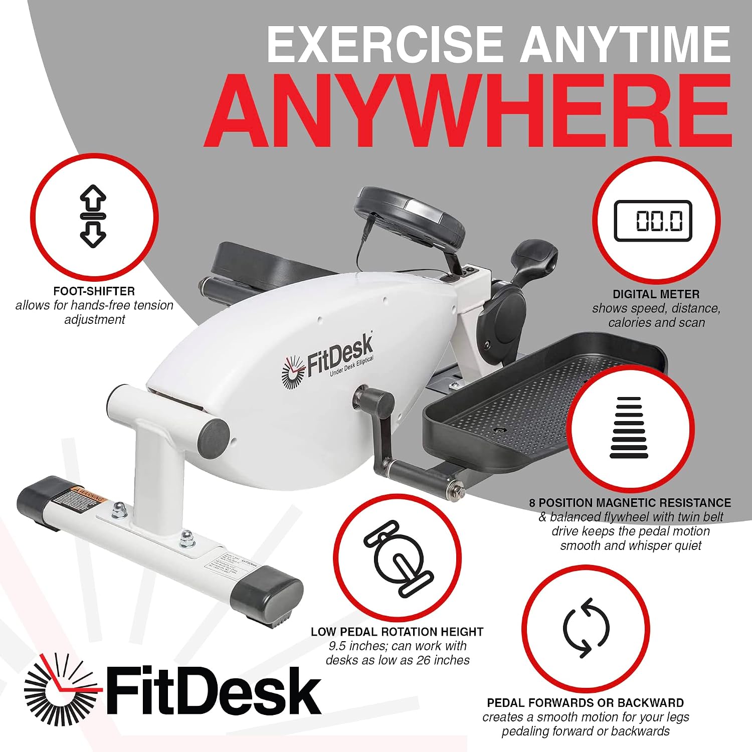 FitDesk Under Desk Bike Exercise Machine, Compact Magnetic Pedal Exerciser, Mini Elliptical, Quiet Seated Cardio Trainer for Home Office Workouts, Adjustable Resistance Bike for Desk Fitness