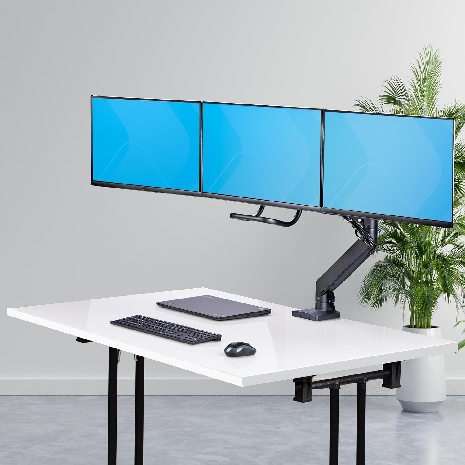 StarTech.com Desk Mount Triple Monitor Arm w/Crossbar for Up to Three 27in Screens, VESA 75x75/100x100, Tool-Less Arm Adjustments