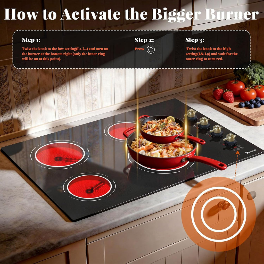 30 Inch Electric Cooktop - 4 Burner Electric Stove 6700W Built-in(29.13'x19.3'), 30' Radiant Ceramic Cook Top Konb & Touch, 99-Min Timer, Safety Lock, 220V - 240V Hard Wired (Retro Knob)