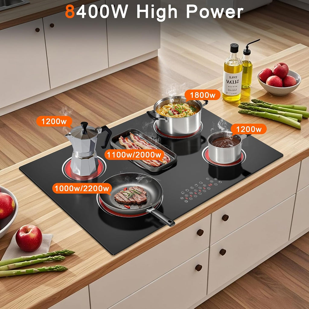 5 Burner Electric Cooktop 36 Inch, Nefaracy Built-in Electric Stove Top 8400W, 36'' Ceramic Cooktop with Touch Control, BBQ Burner, Timer & Pause, Safety Lock, 220V Hard Wire