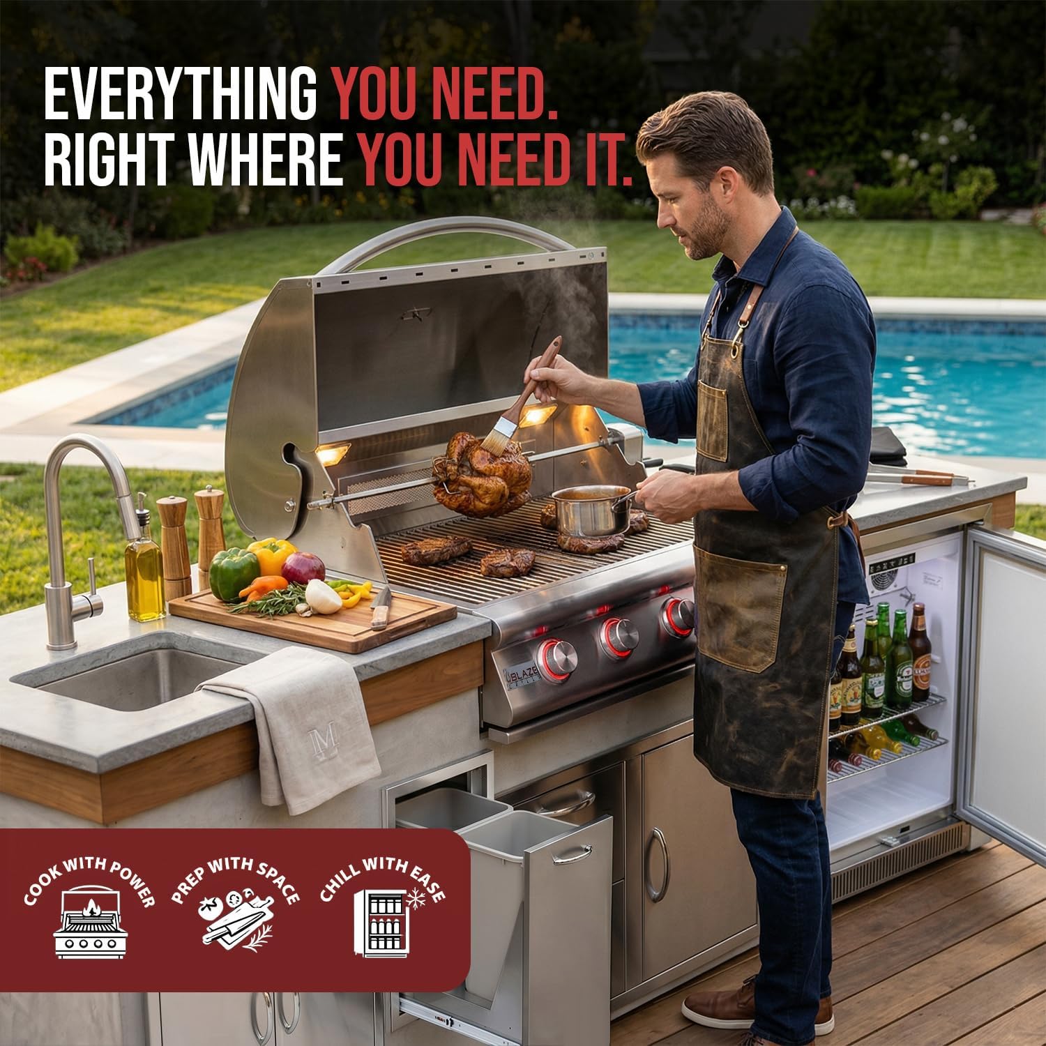 BLAZE BBQ Outdoor Gas Grill Package of 32' LTE Built-in Gas Grill, LTE Gas Griddle, LTE Gas Power Burner, 32' Door & Two Drawers Combo, Trash Drawer, Double Access Door, Refrigerator, and Accessories