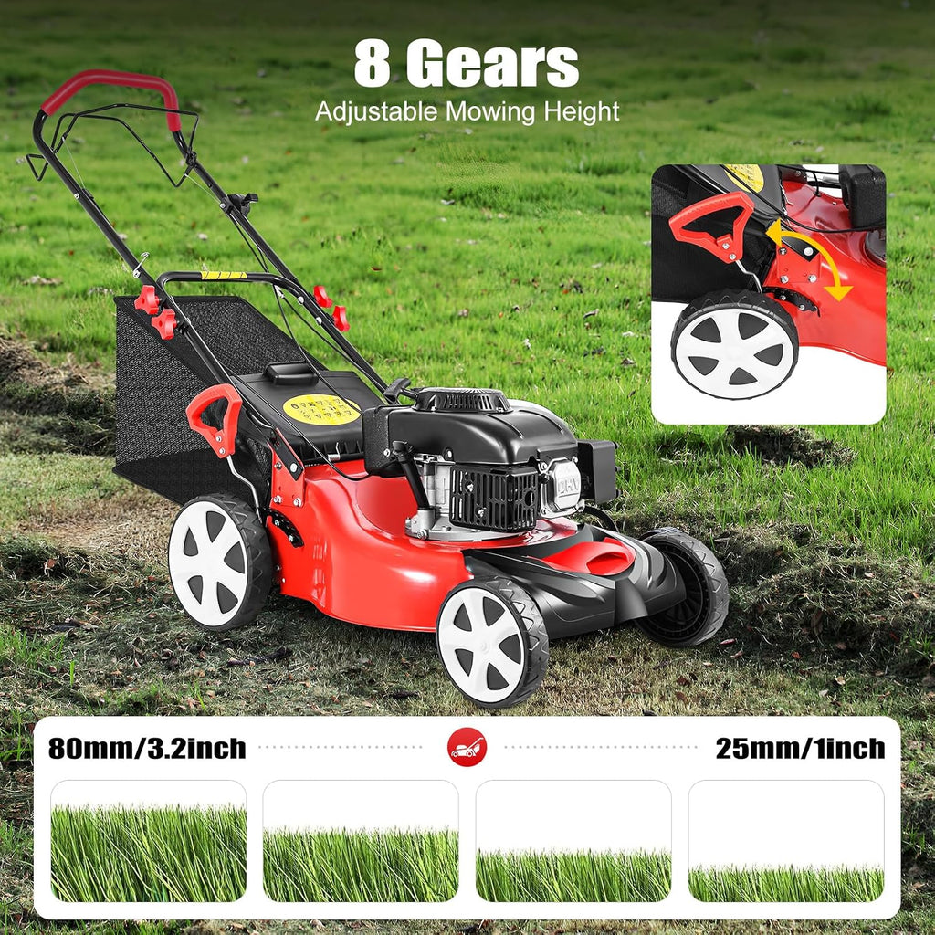 20Inch Self Propelled Gas Powered Lawn Mower, 140CC 4-Stroke Gas Push Self Propelled 3-in-1 Lawn Mower with Grass Bag, 8 Gears Height Adjustable for Lawn Weeding