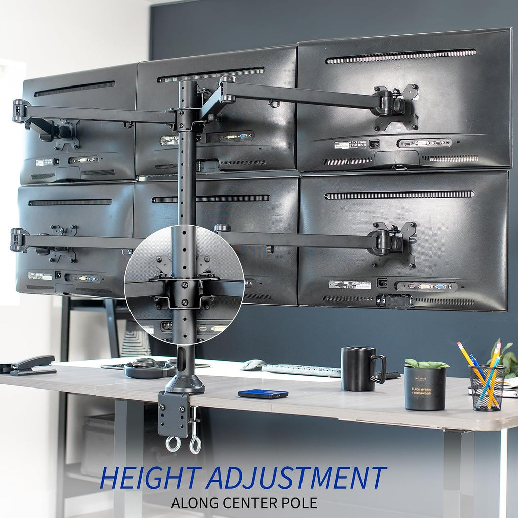 VIVO Steel Hex Monitor 23 to 32 inch LED LCD Clamp-on Desk Mount, Heavy Duty Articulating VESA Computer Stand, Holds 6 Screens, Fully Adjustable for Home Office Workstation, Black, STAND-V106A