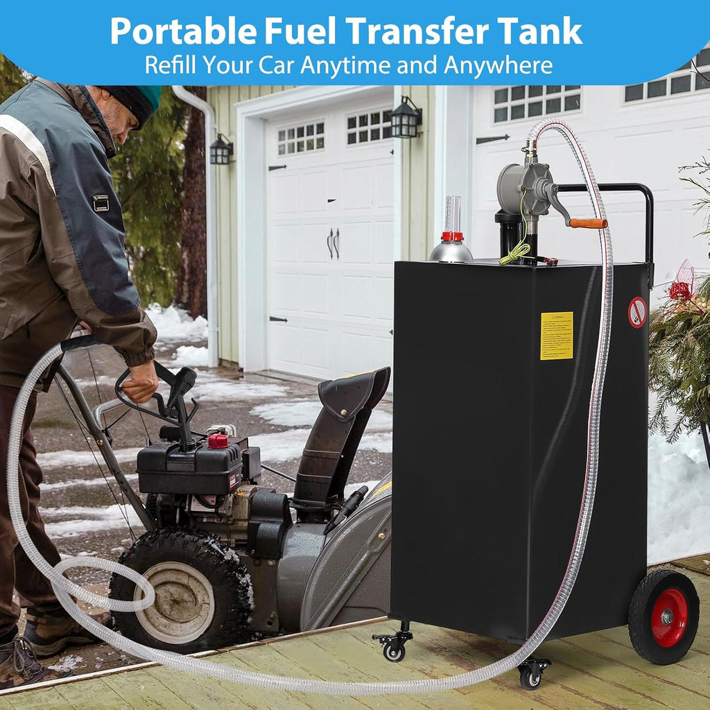Fuel Caddy Tank 35-Gallon with Manual Transfer Pump, Heavy-Duty Mobile Gas & Diesel Storage Tank for Cars, Lawn Mowers, Boats, ATVs, and Farming Equipment. Effortless Refueling on 4 Large Wheels