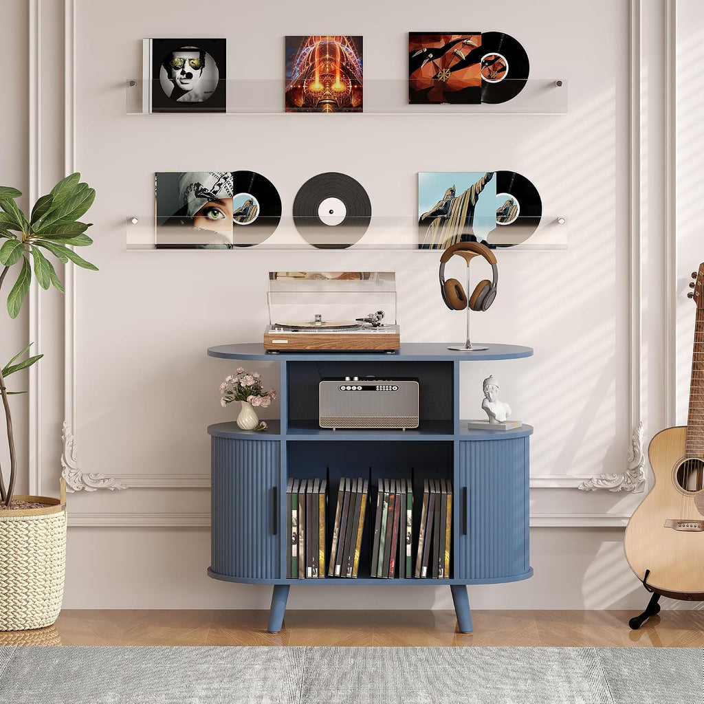 Garvee 35'' Fluted Mid Century Modern Turntable Cabinet, Large Round Record Player Stand with Charging Station and Display Shelf, Arched Wood Record Player Table for Living Room