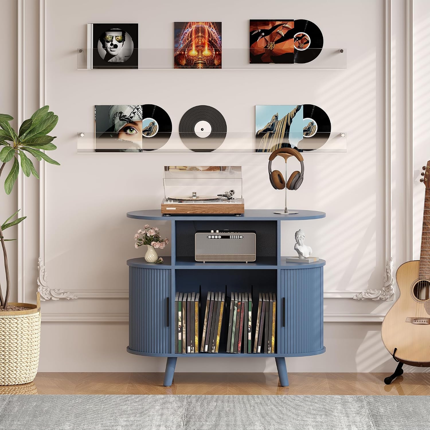 Garvee 35'' Fluted Mid Century Modern Turntable Cabinet, Large Round Record Player Stand with Charging Station and Display Shelf, Arched Wood Record Player Table for Living Room