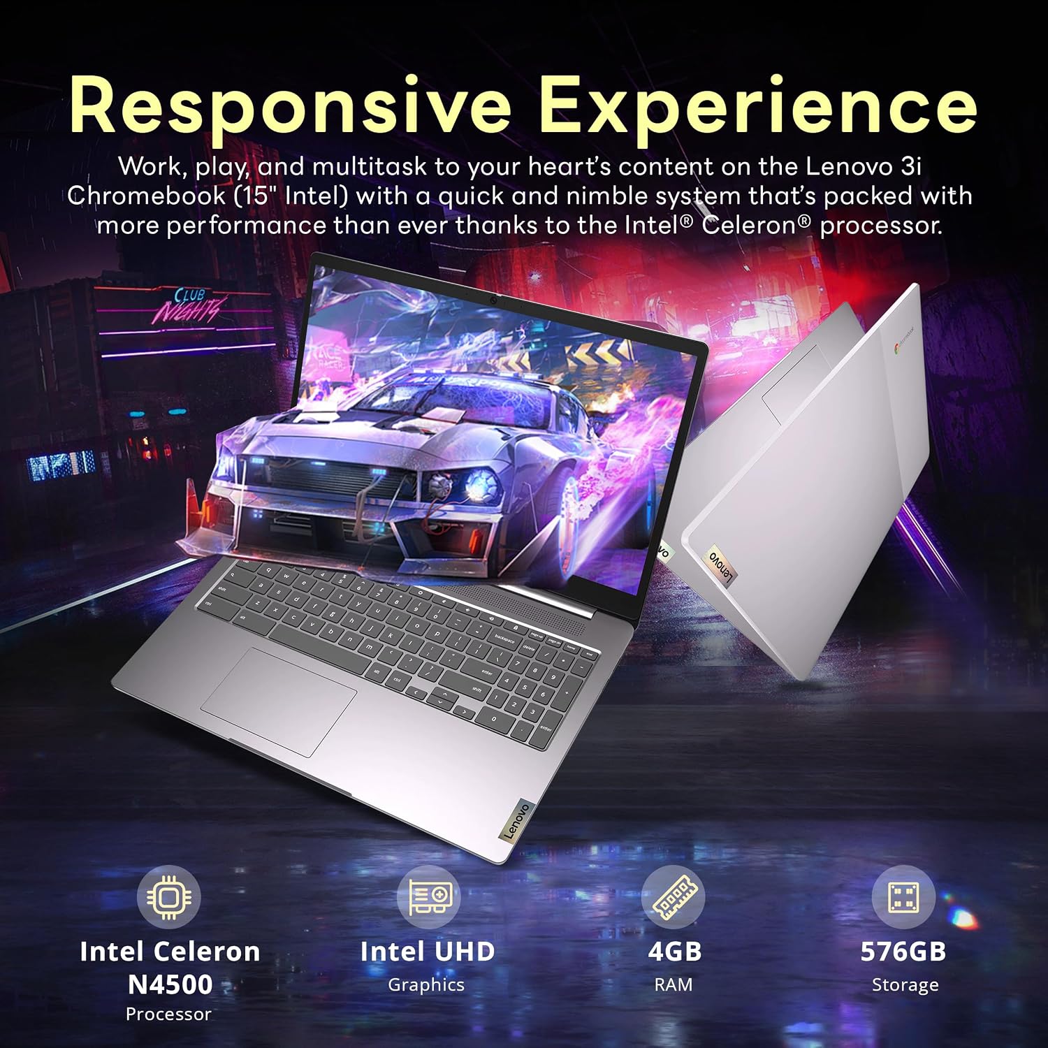 Lenovo 3i 15.6' FHD Chromebook, Intel Celeron N4500, 4GB LPDDR4X, 576GB Storage (64GB eMMC + 512GB Docking Station Set), Intel UHD Graphics, Number Pad, HD Webcam, Wi-Fi 6, Chrome OS, Gray