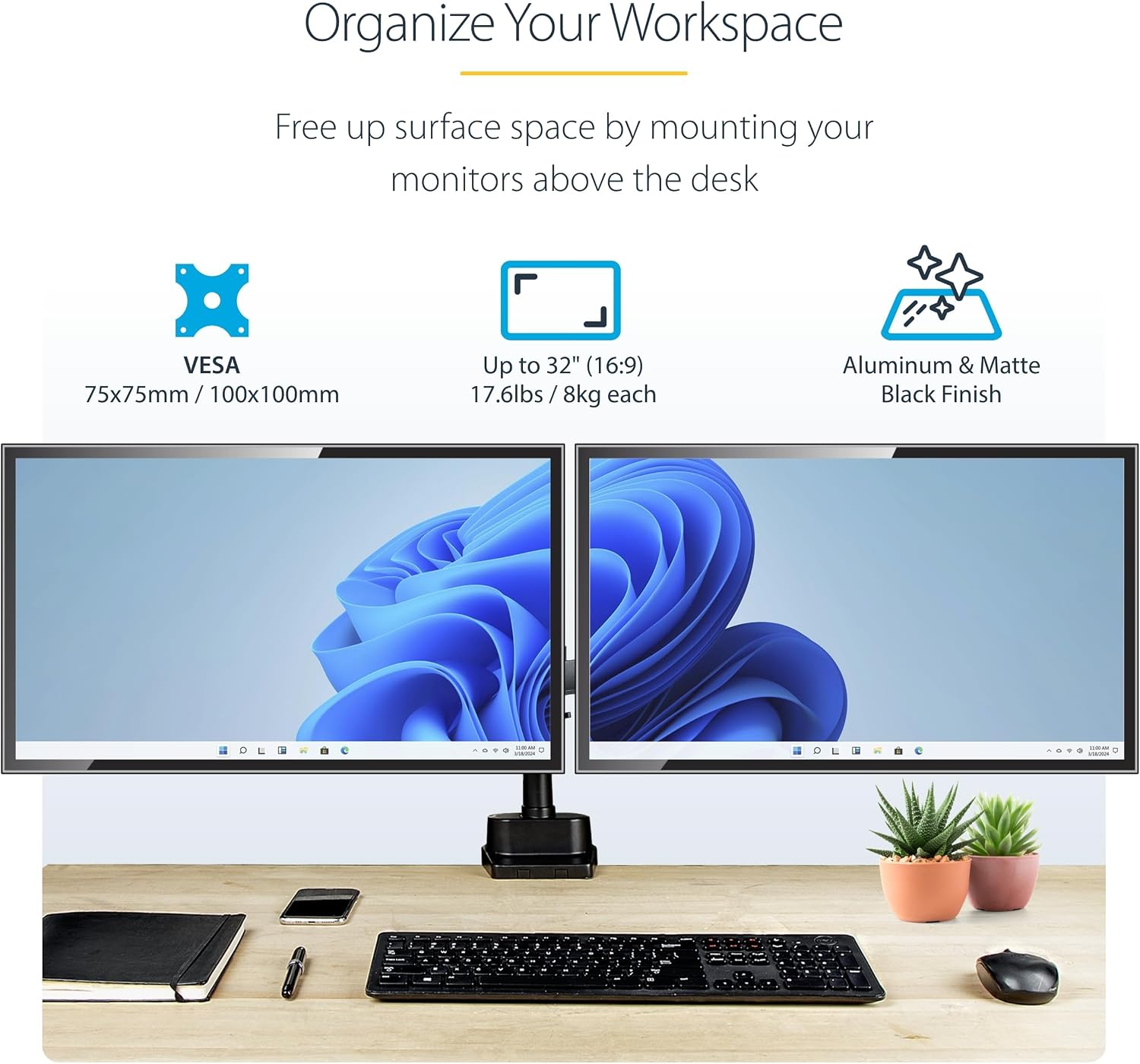 StarTech.com Desk Mount Dual Monitor Arm, Height Adjustable Mount for 2X VESA Displays up to 32' (17.6lb/8kg), Mechanical Spring