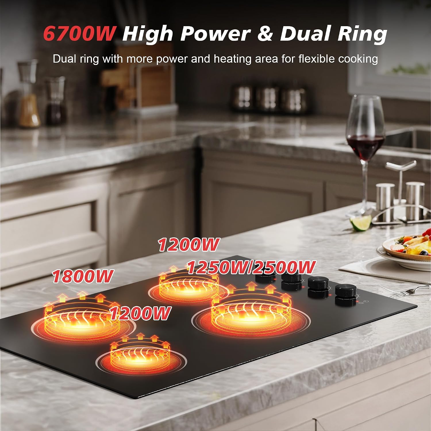 30 Inch Electric Cooktop 4 Burners with Knob Control,6700W Built-in Radiant Electric Cooktop, 9 Power Levels, Hot Warning, 220V Hard Wire(No Plug)