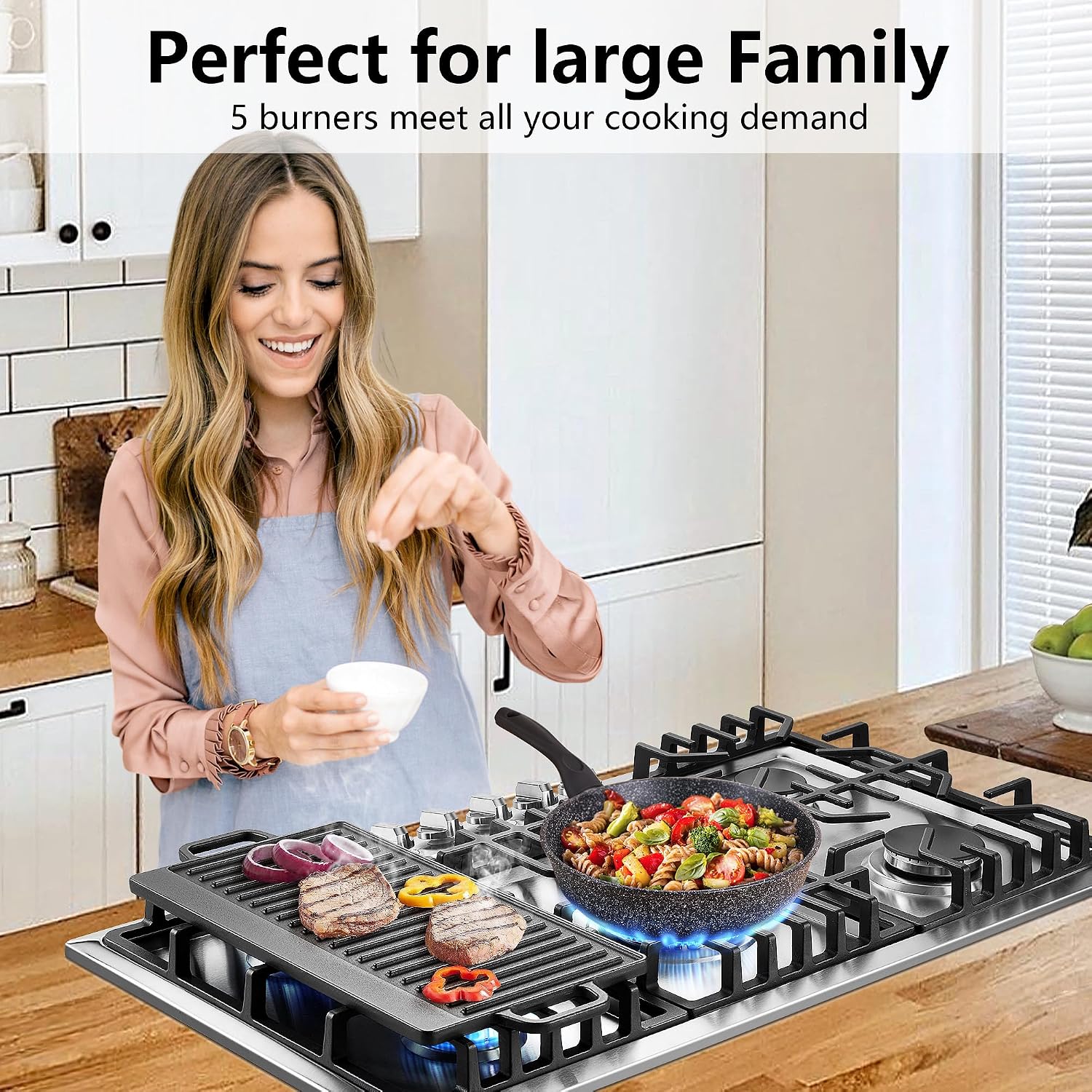 36 inch Gas Cooktop with Grill/Griddle, Gas Stove Top with 5 Italy Sabaf Sealed Burners, Max 48,300 BTU Built-in Propane Stove, 304 Stainless Steel Propane Cooktop, NG/LPG Convertible, CSA Certified