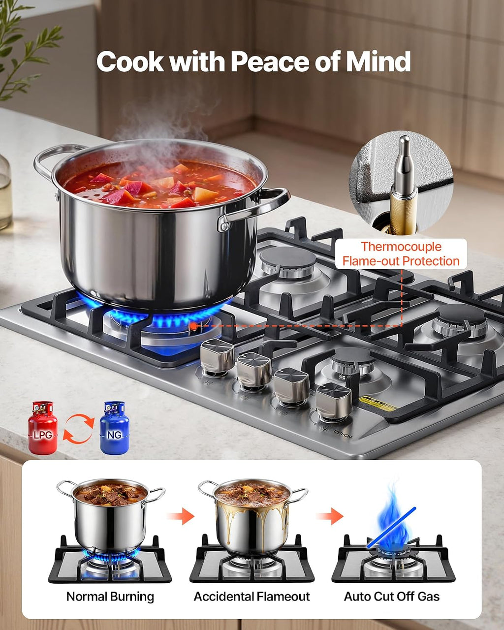VEVOR 24 inch Gas Cooktop 4 Burners Gas Stove Top, Max 27000BTU Built-in Stainless Steel Stove Top LPG/NG Convertible Dual Fuel Cooktop Stoves with Thermocouple Protection for Kitchen Apartment Rvs