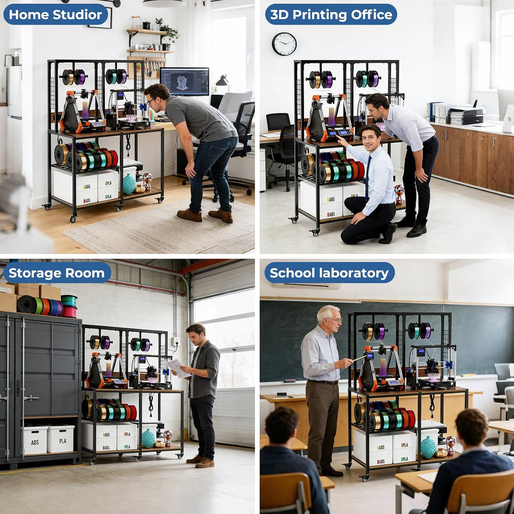 Double 3D Printer Stand with Filament Storage, Heavy-Duty Metal Frame Dual 3D Printer Table Workbench, T-Type Filament Holder, Lockable Wheels, Mobile or Fixed Printer Rack for Home & Workshop