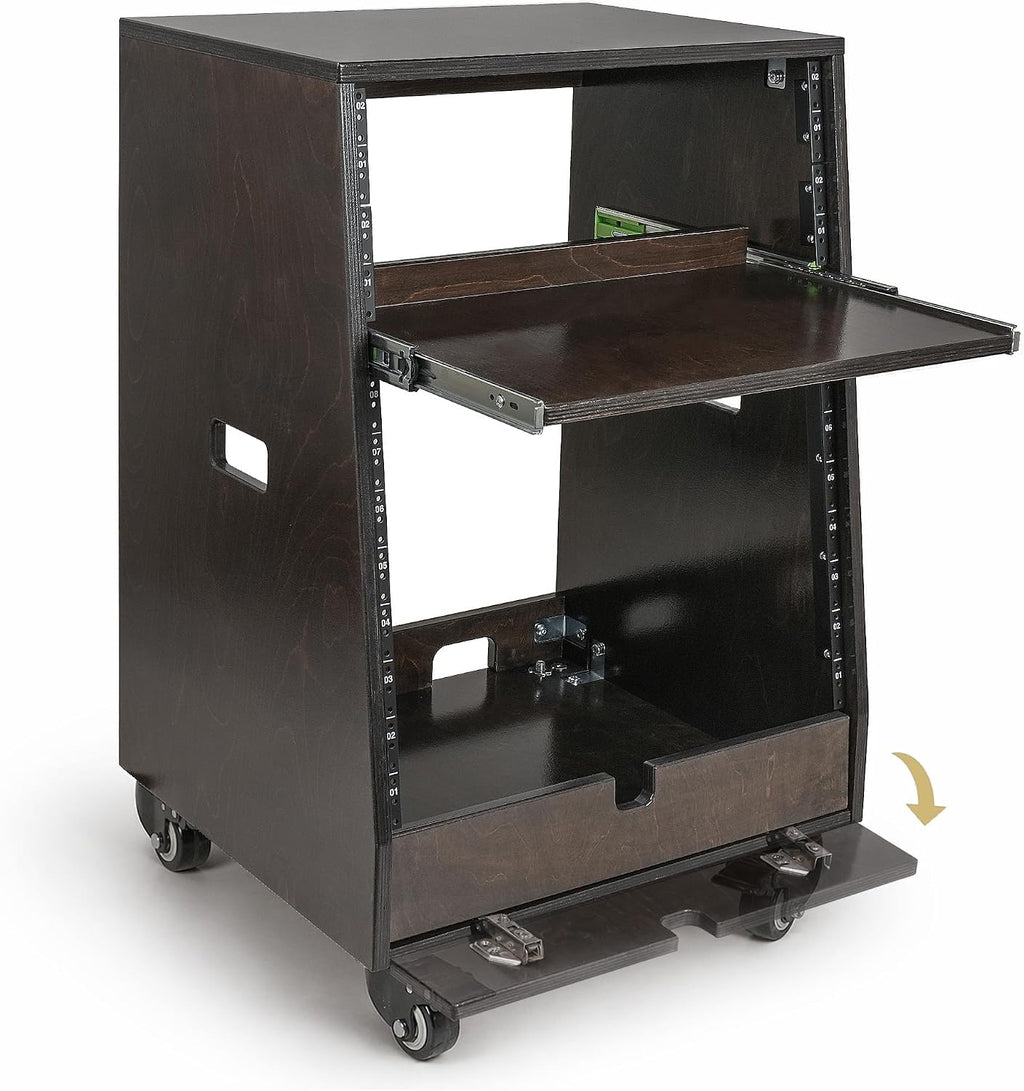 Sound Town DIY Slanted 12U Studio Rack (4U Top + 8U Lower) with 2U Bottom Storage, Slide-Out Tray, Casters, for Home Studio and Recording Room, Birch Plywood, Black Espresso (SDRK-ST12TD)