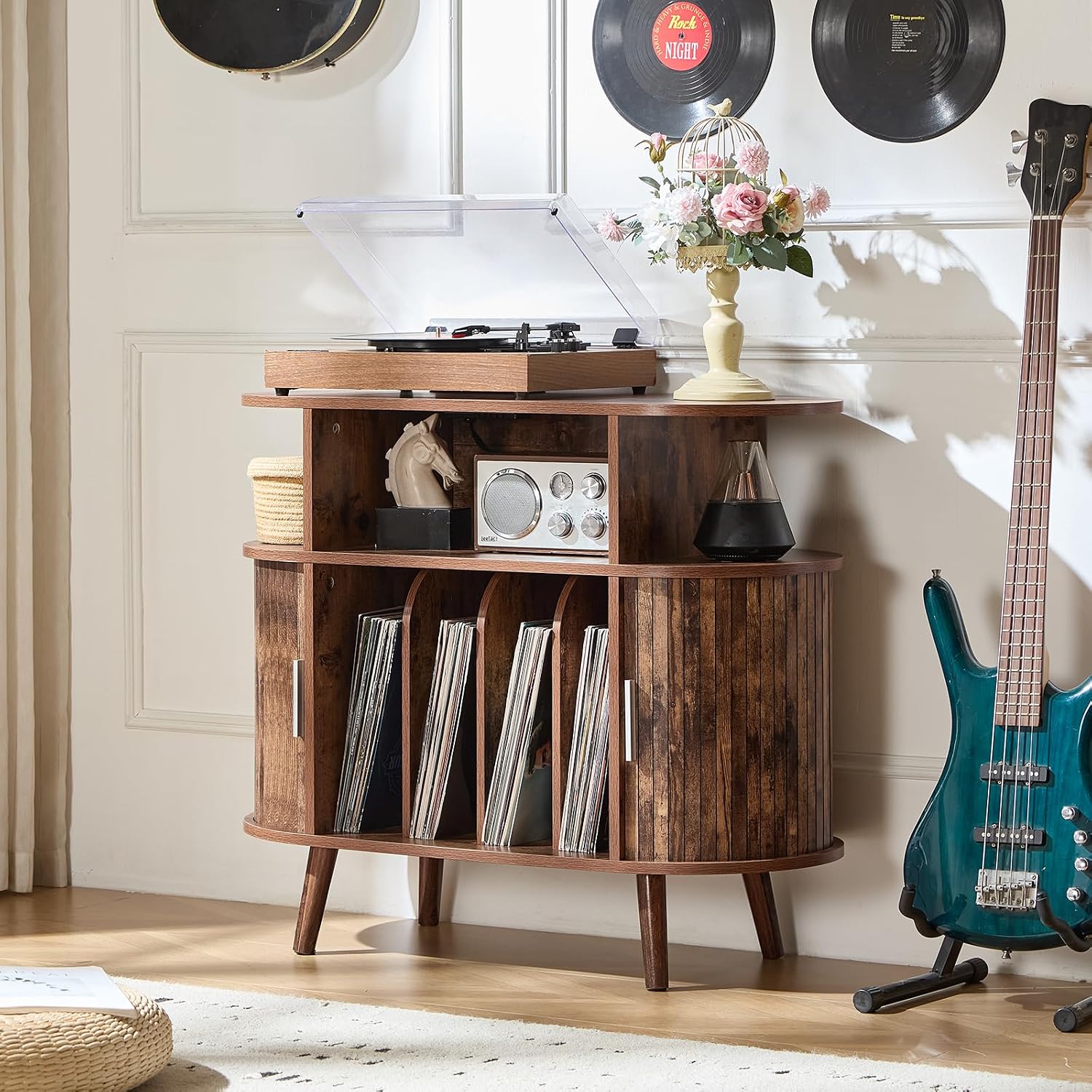 LELELINKY Small Round Record Player Stand with Charging Station & Fluted Panel, Brown Mid Century Modern Turntable Cabinet with Vinyl Storage, Arched Wood Record Player Table for Living Room
