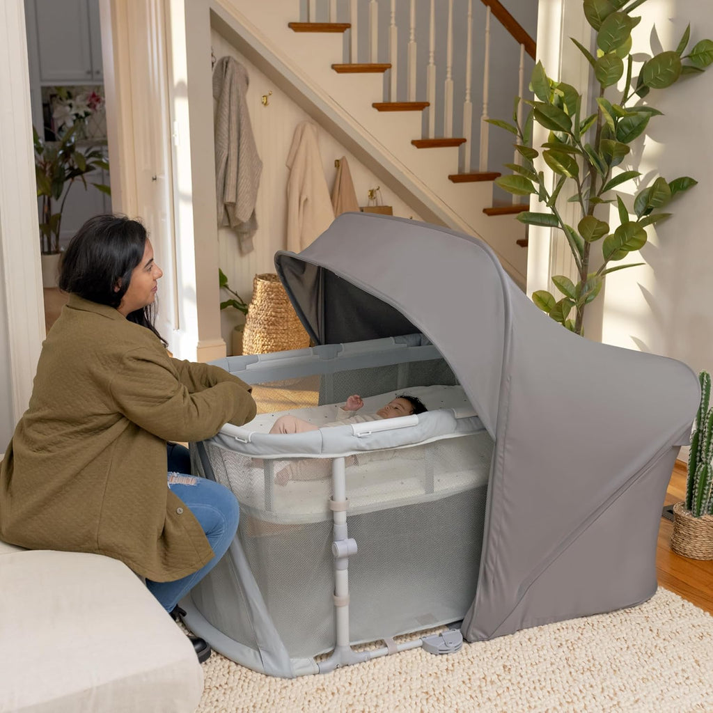 Ingenuity Dream Retreat 3-in-1 Portable Bassinet & Playard, Easy 3-Step Fold, Includes Indoor Outdoor UPF 50+ Light Blocking Shade, Mattress, & Sheet, 0-36 Months - Neutral