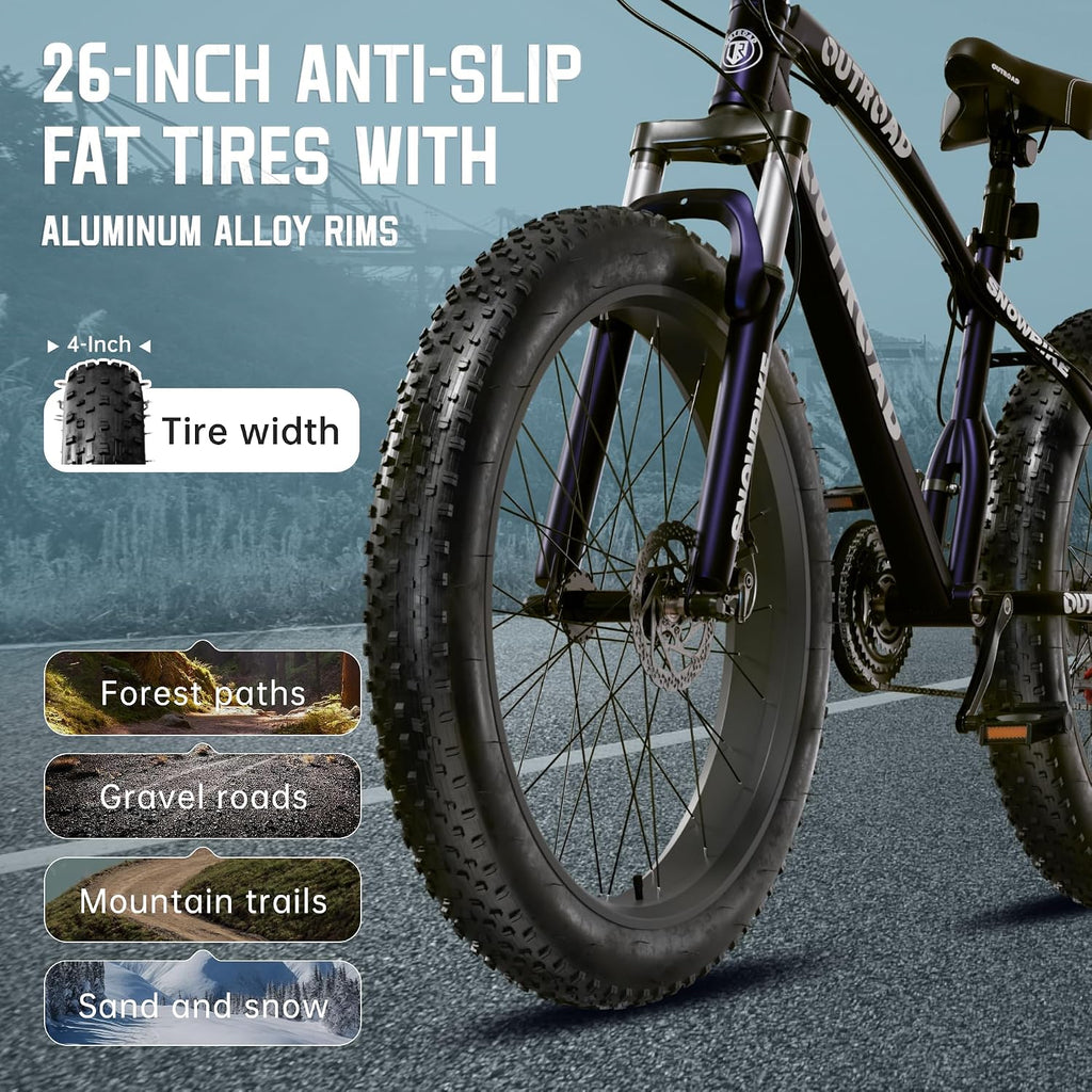 26' Fat Tire Mountain Bike with 4 inch Knobby Tires, 21 Speed MTB with Dual Disc Brake for Adults, Anti-Slip Bicycle, Black, White, Blue&Purple