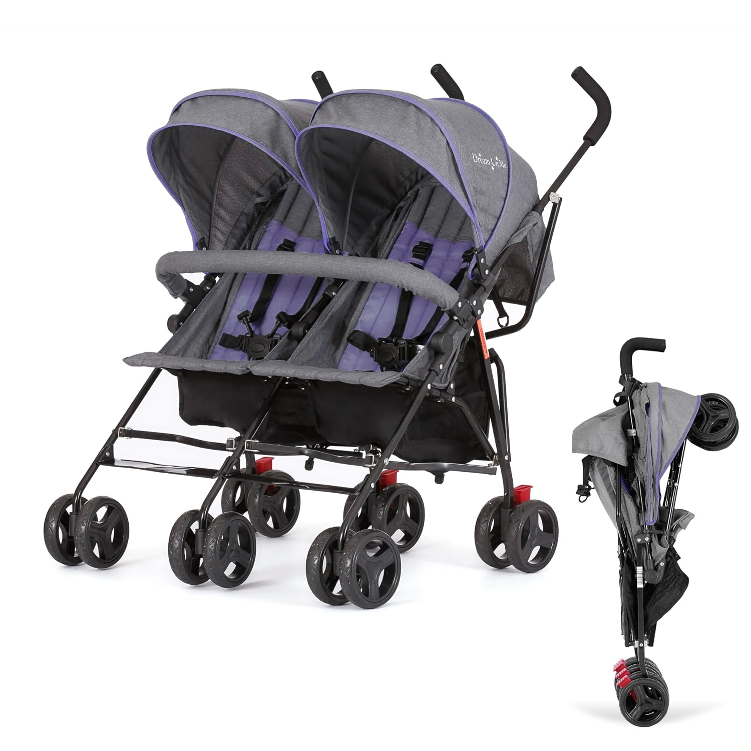 Dream On Me Volgo Twin Baby Stroller, Lightweight Side-by-Side Double Umbrella Stroller with Adjustable Canopy, 5-Point Harness, Storage Basket & Travel-Friendly Fold – Purple
