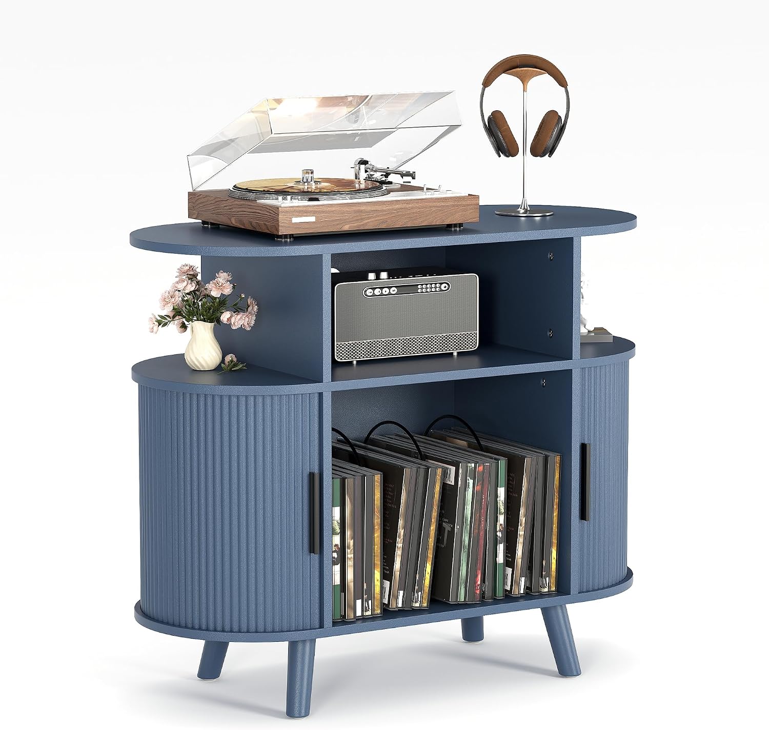 Garvee 35'' Fluted Mid Century Modern Turntable Cabinet, Large Round Record Player Stand with Charging Station and Display Shelf, Arched Wood Record Player Table for Living Room